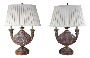 Set of 2 Maitland Smith Neoclassical Acanthus Carved Candlestick Buffet Table Lamps
