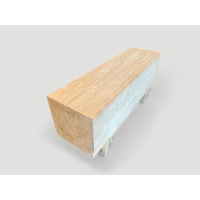 Andrianna Shamaris Minimalist Bleached Teak Wood Log Style Bench For Sale - Image 4 of 5