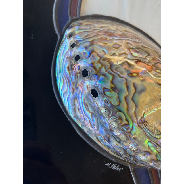 Vintage Signed Stained Glass Round Panel With Abalone Shell, Hanging Wall Art Suncatcher For Sale - Image 11 of 12