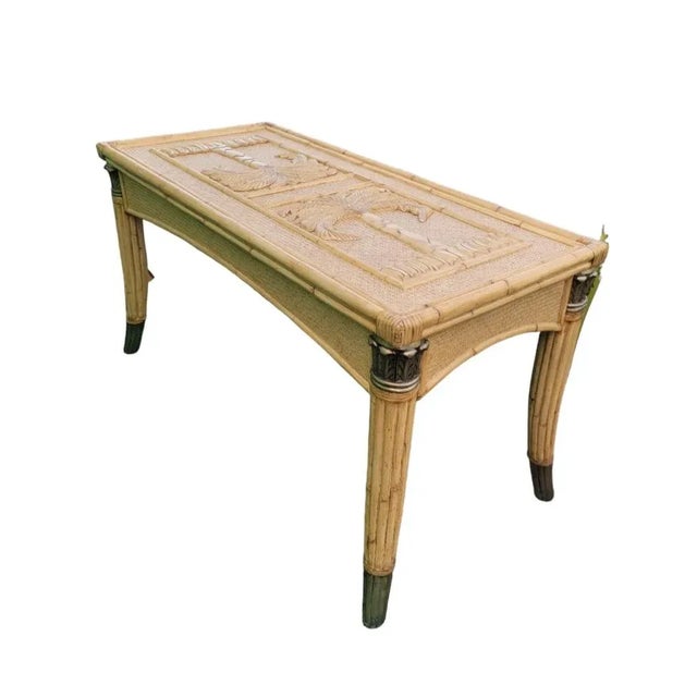 Lexington Furniture Vintage Coastal Regency Double Palm Tree Carved Wicker Bamboo Desk Dining Table For Sale - Image 4 of 12