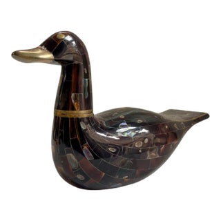Maitland Smith Mosaic Brass Abalone Duck Figurine Sculpture For Sale