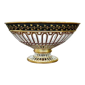 Antique Early 19th Century Old Paris Porcelain Oval Reticulated Basket Centerpiece Bowl With Matte Black Band and Two Tone Gilding