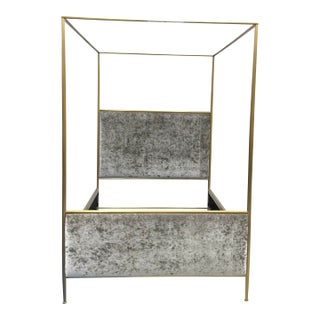 Baker Modern Taupe Crushed Velvet and Sati Brass Phillipa Q Canopy Queen Bed For Sale