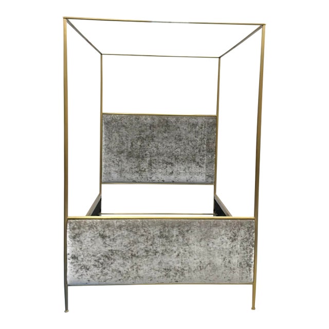 Baker Modern Taupe Crushed Velvet and Sati Brass Phillipa Q Canopy Queen Bed For Sale