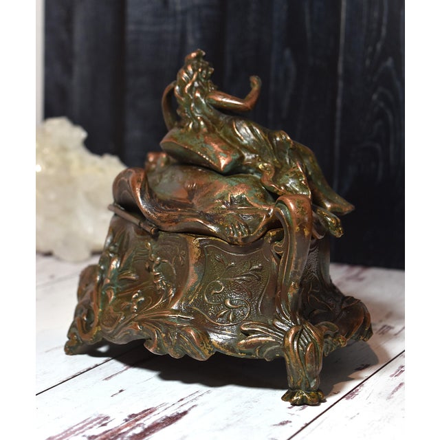 Copper Antique Art Nouveau Metal Dresser Box Casket Lady on Bear Skin Rug For Sale - Image 8 of 18