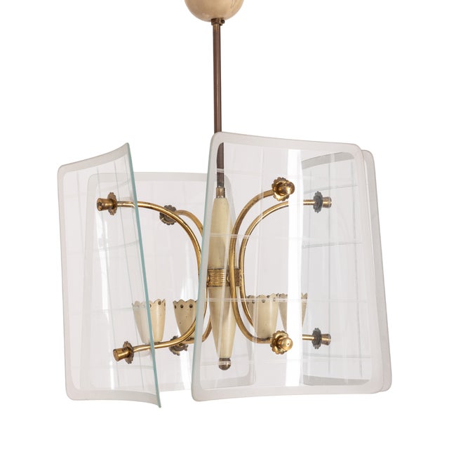 Vintage Hanging Light in Brass and Decorated Glass, 1950s For Sale