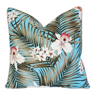 Summer Blue/Teal Tropical Orchid & Palm Feather/Down Pillows 22" Square For Sale