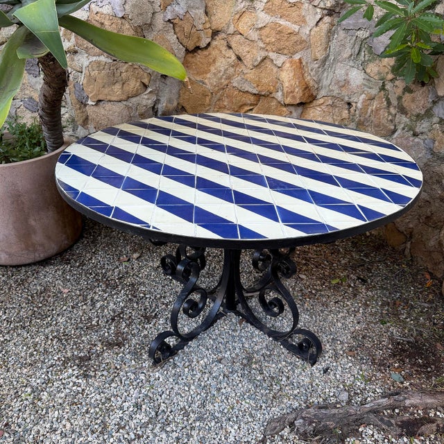 Mid 20th Century Mid 20th Century Modernist Mexican Outdoor Blue White Stripe Dining Table For Sale - Image 5 of 12
