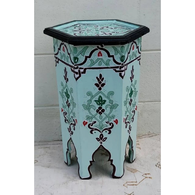 Moroccan Hexagonal Hand Painted Wooden Side Table in Celadon Zouak For Sale In Orlando - Image 6 of 7
