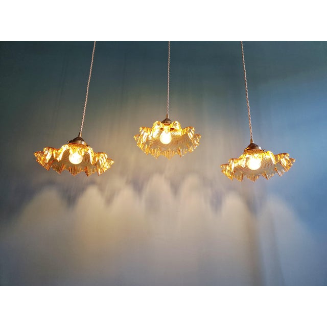 Amber-Colored Pleated Glass Pendant Lights, 1930s, Set of 3 For Sale - Image 6 of 18