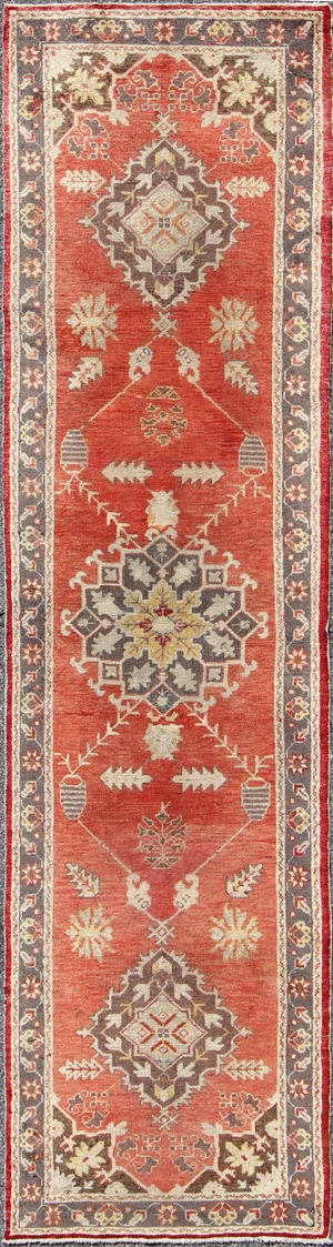 Keivan Woven Arts Vintage Red Floral Turkish Oushak Runner - 2'10 X 11'