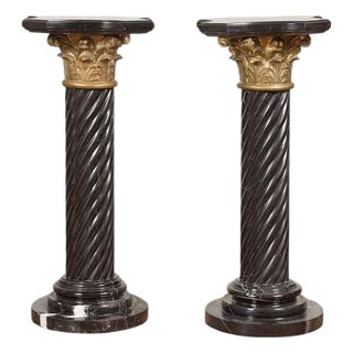 Pair of Black Carrara Marble Twisted Pedestals with Bronze Corinthian Capitals For Sale