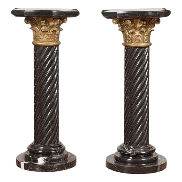 Pair of Black Carrara Marble Twisted Pedestals with Bronze Corinthian Capitals For Sale
