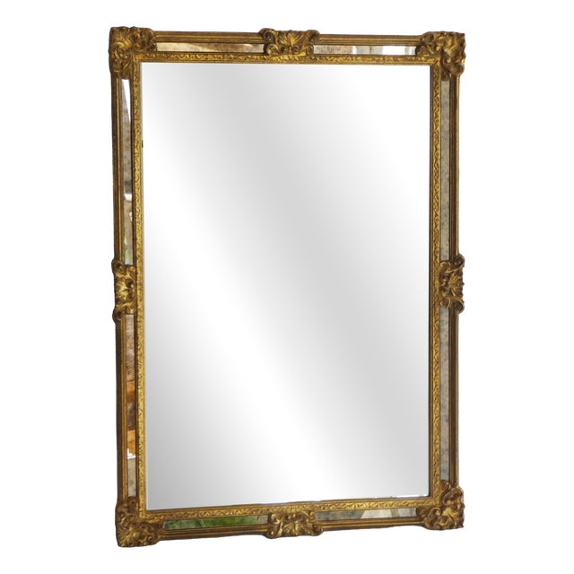 Vintage Rectangular Wall Hanging Gilt Wood Gold Ornate Mirror, 1960s For Sale