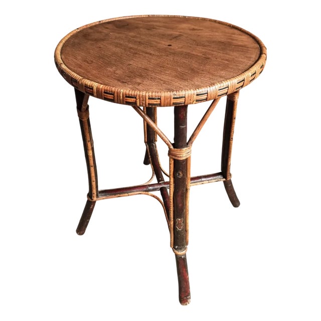 Mid-Century Round Bamboo and Wood Side Table, 1960s For Sale