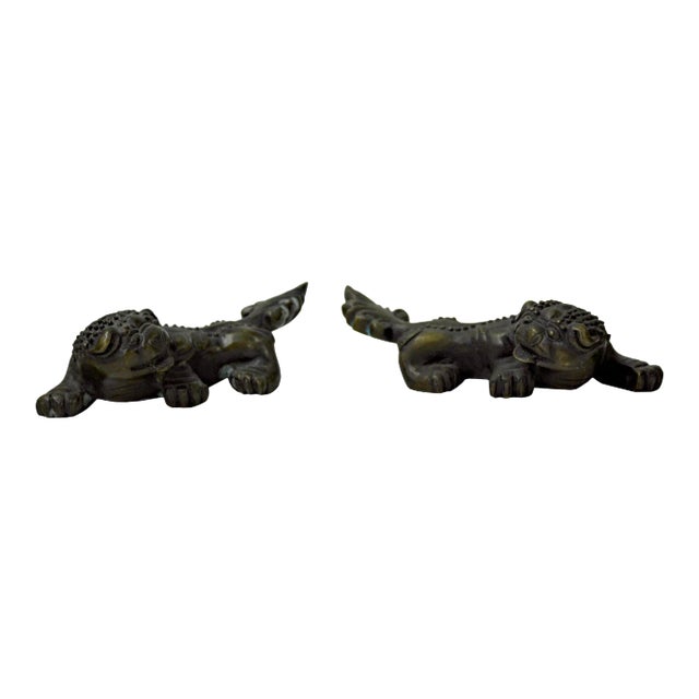 Chinese Bronze Brown Metal Fengshui Pixiu Figures - a Pair For Sale