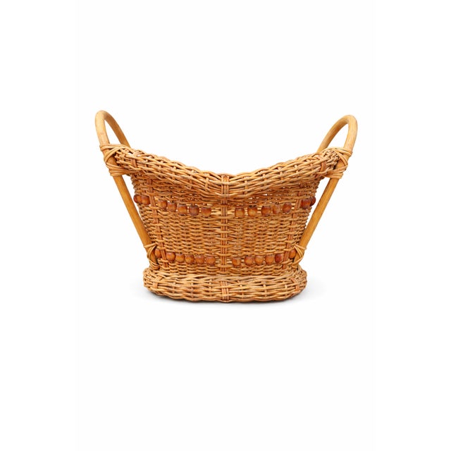 Wood Vintage 1970s Honey-Toned Wicker Basket With Wood Bead Detail & Sculptural Handles For Sale - Image 7 of 9
