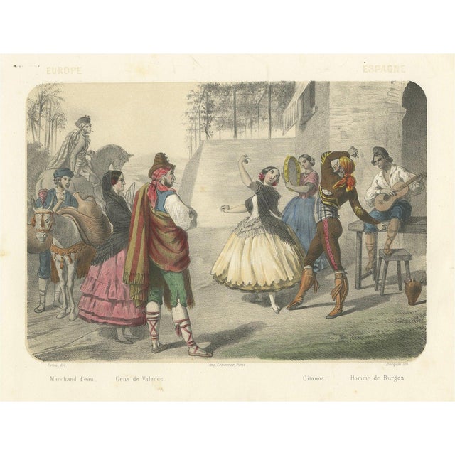 After Leloir, Spanish Dancers and Regional Costumes, Gitano and Valencian Figures, 1845, Lithograph For Sale