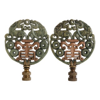 Chinese Carved Stone Foo Dog Lamp Finials on Bronze Hardware - A Matching Pair For Sale