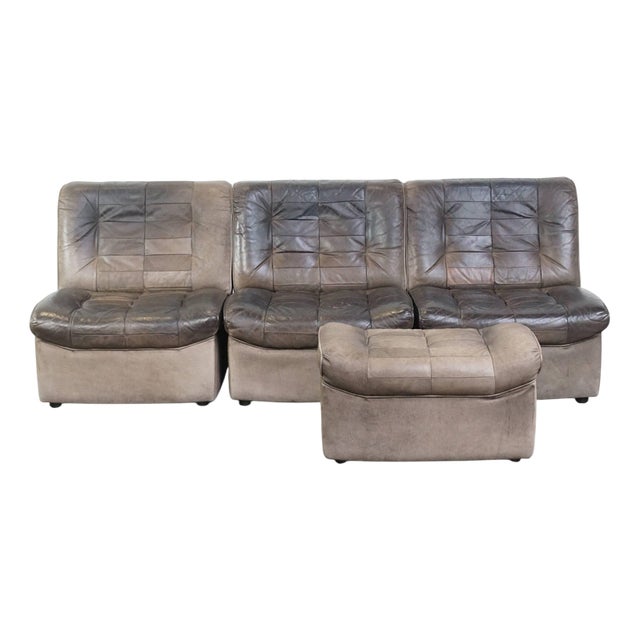 Vintage Gray Leather Sofa Elements and Ottoman, Set of 4 For Sale