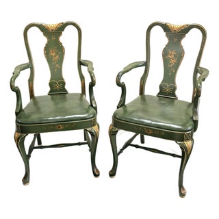 Mid-Century Chinoiserie Green Leather Arm Chairs - Queen Anne Style For Sale