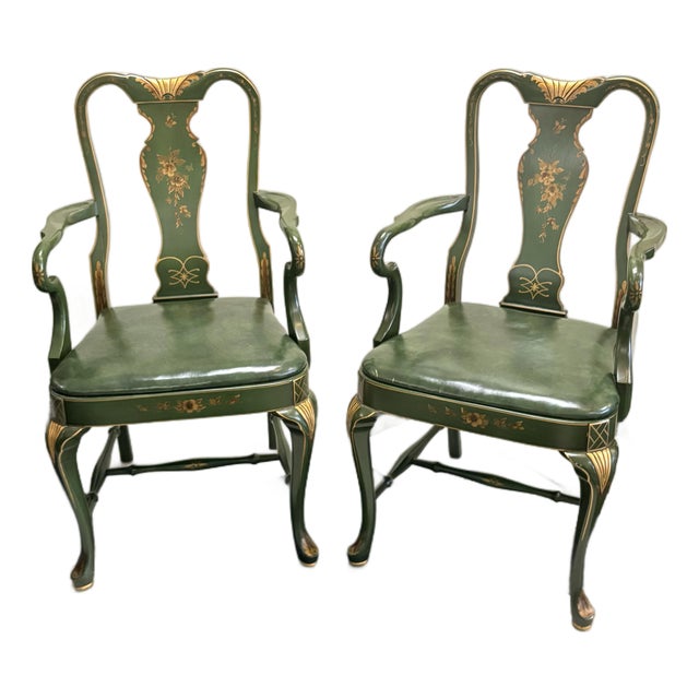 Mid-Century Chinoiserie Green Leather Arm Chairs - Queen Anne Style For Sale