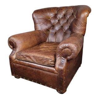 Restoration Hardware Super Luxe Tufted Leather Writer's Club Chair For Sale