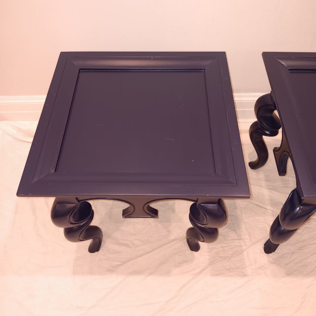 Mid Century Modern/Hollywood Regency/French Provincial Solid Wood Navy Blue End Table - A Pair For Sale - Image 4 of 18