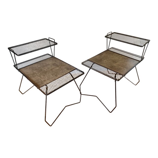 Mid 20th Century Vintage Wrought Iron Tiered End Tables Pair Metal Mesh - Salterini, Diamond, Galef Style Mid Century For Sale