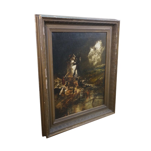 This dramatic 19th-century Barbizon or Dutch School style oil painting on canvas captures a moody nocturne scene centered...