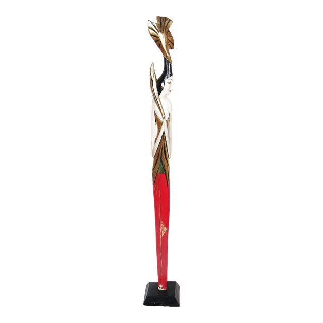 1990s Hand-Carved Balinese Dancer Wood Sculpture (22") — Red/Gold Accents For Sale