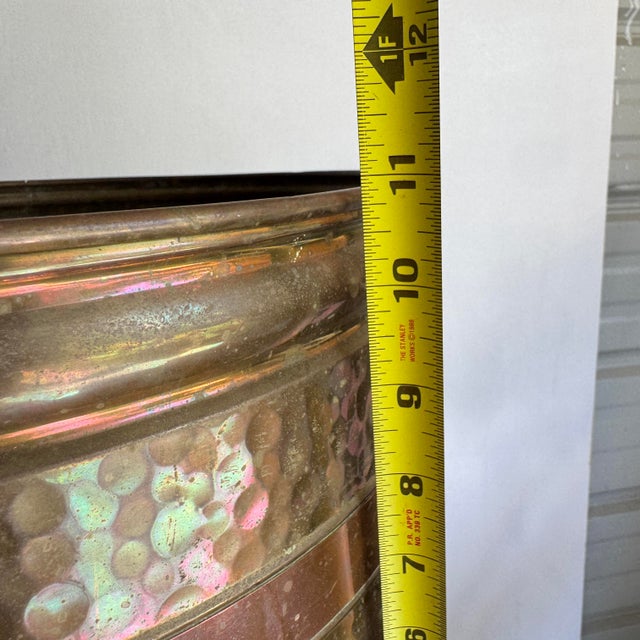 Brass Traditional Hammered Copper Banded Brass Planter or Wastebasket For Sale - Image 8 of 12