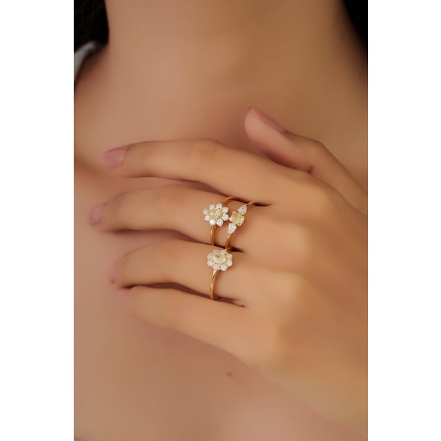 Vintage-Inspired Natural Yellow Diamond Cluster Engagement Ring 14k Gold Size 4 For Sale - Image 4 of 17