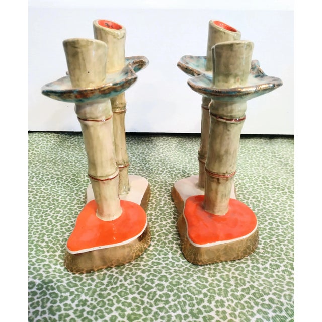 1980s Vintage Italian Colorful Ceramic Faux Bamboo Double Stalk Green Orange Candle Stick Holders- a Pair For Sale - Image 5 of 9