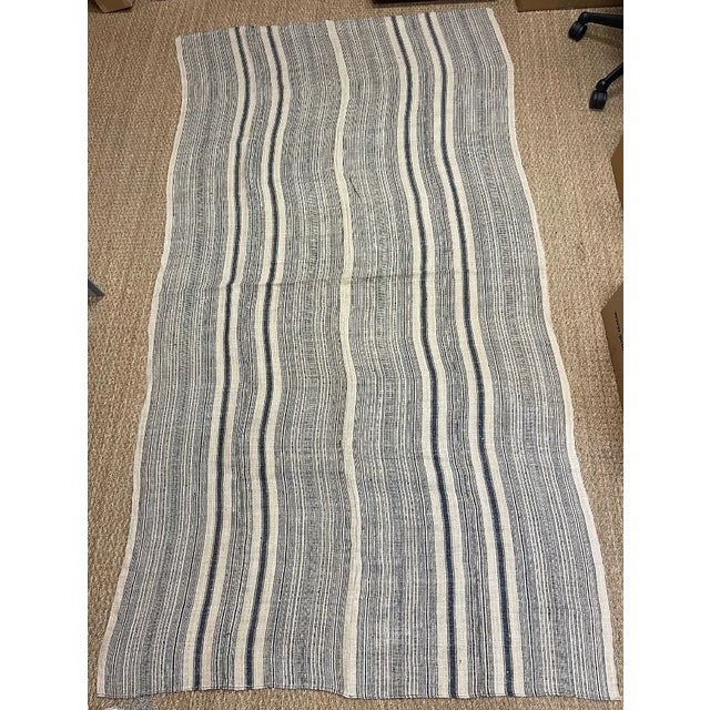French Vintage Linen Fabric Fragment, Natural Linen and Navy Colors Stripe For Sale - Image 3 of 7