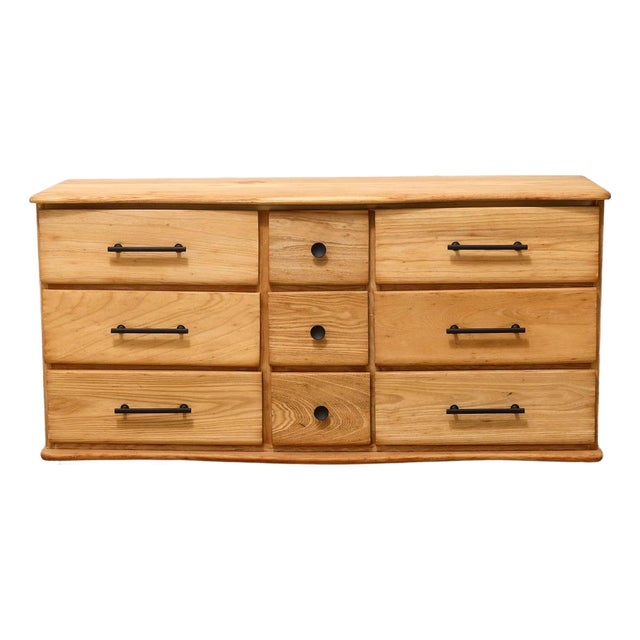 Vintage Sculptural Oak Wood Nine-Drawer Dresser For Sale
