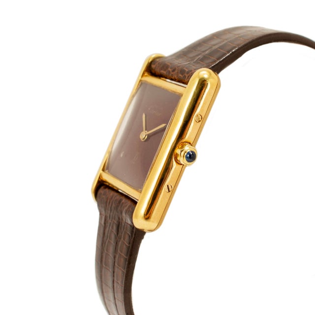 Late 20th Century Vintage Ladies Cartier Tank Vermeil 21mm 366001 Bordeaux 925 Gold Plaque Watch For Sale - Image 5 of 11