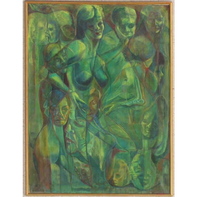 Vintage Modernist Abstract FIgurative Green Acrylic Painting, Framed For Sale - Image 11 of 11