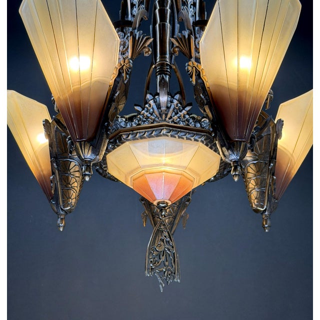 1930s Mid-West Mfg. Soleure Series Art Deco 6-Light Slip Shade Chandelier in Cast Bronze For Sale - Image 12 of 15