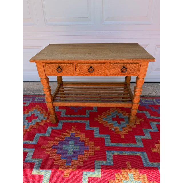 Wood Danish Oak Side Table With Storage Drawers For Sale - Image 7 of 7