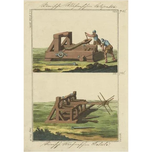 Early 19th Century R. von Spalart, Illustration of a Roman Catapult and Ballista, 1810, Hand-Colored Print For Sale - Image 5 of 5