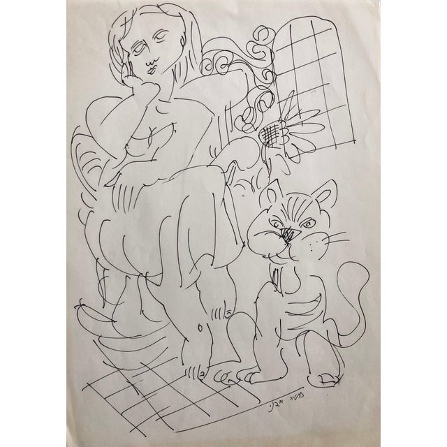 Moshe Avni, Vintage Israeli Bezalel School Drawing Woman Sitting with Cat Kibbutz Life, c.1960's For Sale
