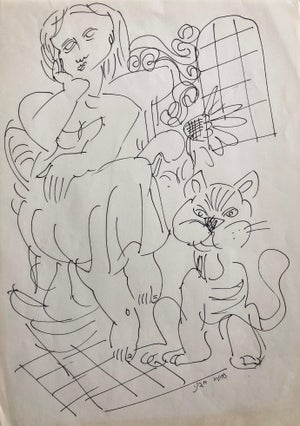 Moshe Avni, Vintage Israeli Bezalel School Drawing Woman Sitting with Cat Kibbutz Life, c.1960's