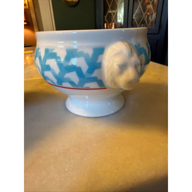 2010s Villeroy & Boch Lina Aqua Porcelian Pedestal Lion Head Soup Bowl Set of 2 For Sale - Image 5 of 16