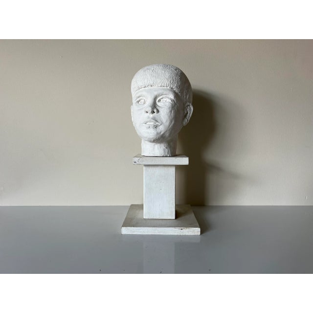 Vintage White Painted Terracotta Boy Bust Sculpture on Wood Stand For Sale - Image 12 of 13