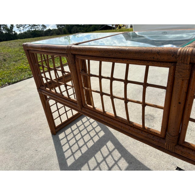 Brown 1970s Boho Chic Brown Lattice Rattan Rectangular Sofa Console Table With Glass Top For Sale - Image 8 of 12