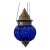 Large Vintage Cobalt Blue Hanging Decorative Glass Ornament With Ornate Pierced Metalwork For Sale