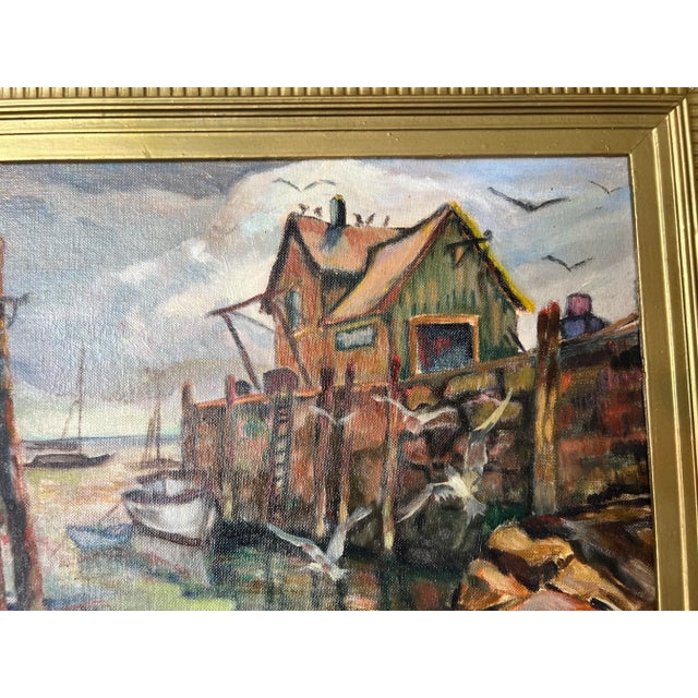 1950's S. Wolfson Fishing Dock Coastal Landscape Oil Painting For Sale - Image 10 of 12