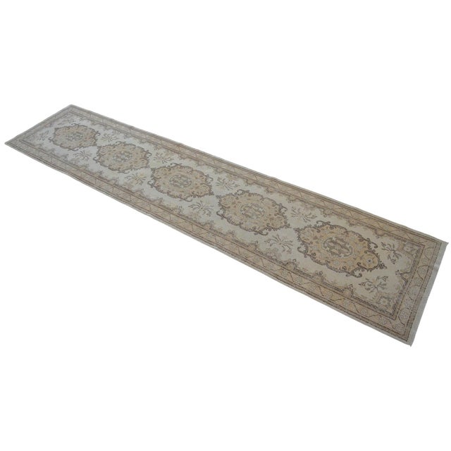 Traditional Oushak Runner Rug Faded Colors Low Pile Distressed Long Runner Rug - 2'9″ X 12'7″ For Sale - Image 6 of 12