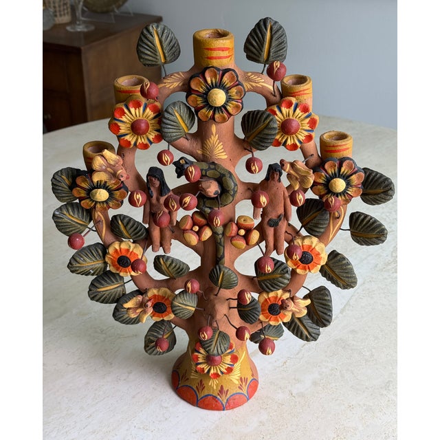 Mexican Folk Art Ceramic Candelabra Tree of Life Adam and Eve For Sale - Image 4 of 8